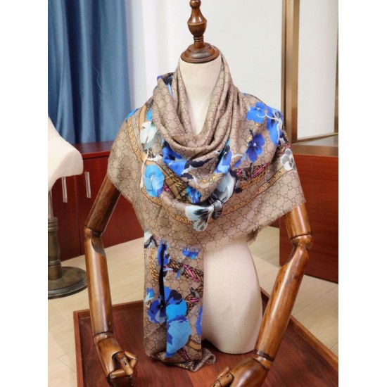 Replica Gucci classic double G letter Logo Scarf with floral elements Green