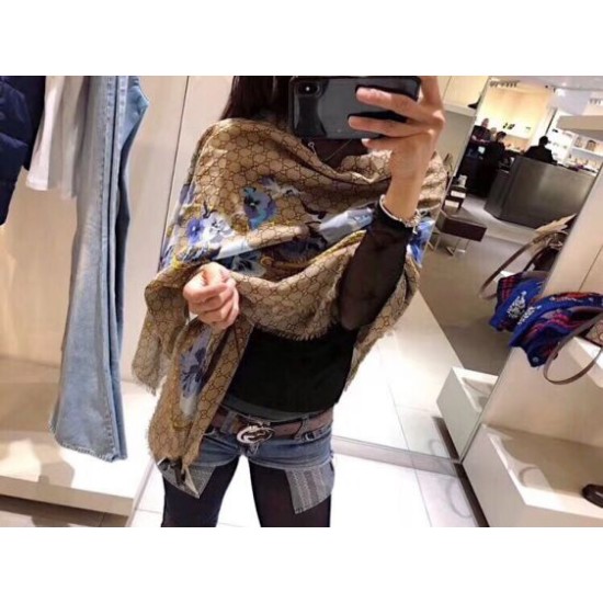 Replica Gucci classic double G letter Logo Scarf with floral elements Green