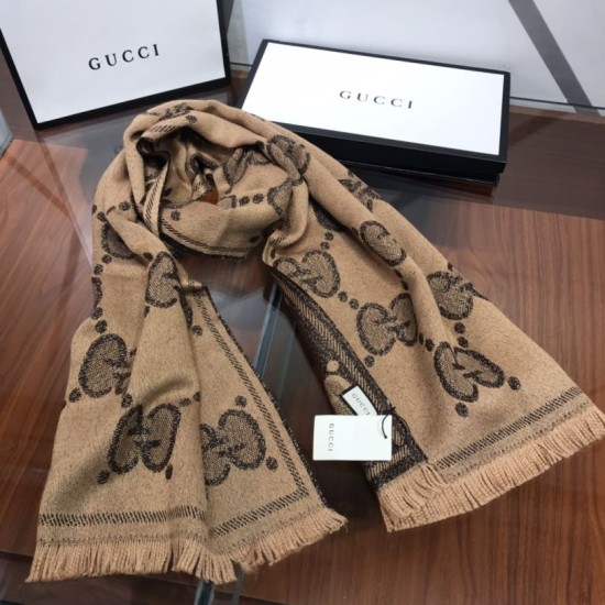 Fake Gucci GG Lurex jacquard logo cashmere scarf Brown Replica