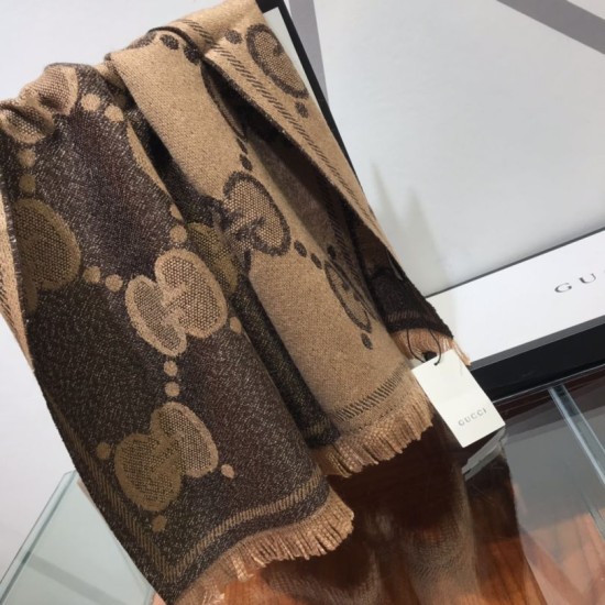 Fake Gucci GG Lurex jacquard logo cashmere scarf Brown Replica
