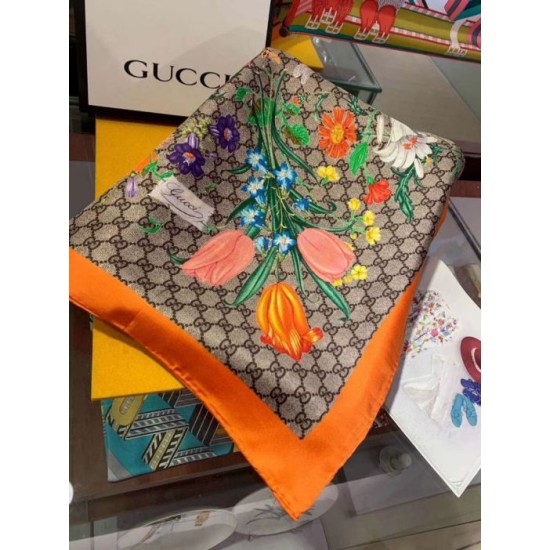 Replica Gucci floral elements and old flower GG scarf 90 x 90 Orange