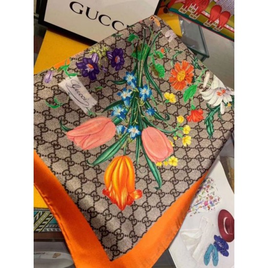 Replica Gucci floral elements and old flower GG scarf 90 x 90 Orange