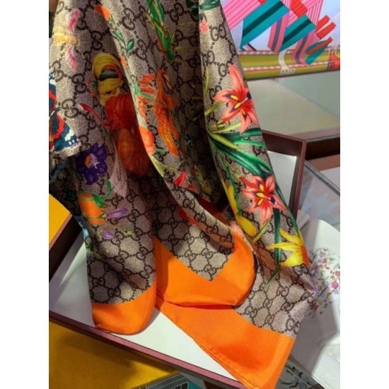 Replica Gucci floral elements and old flower GG scarf 90 x 90 Orange