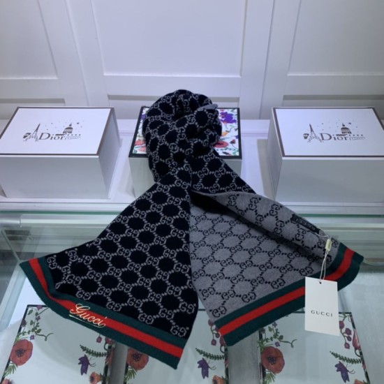 Fake Gucci cashmere jacquard scarf 30 x 190 Dark Blue Replica