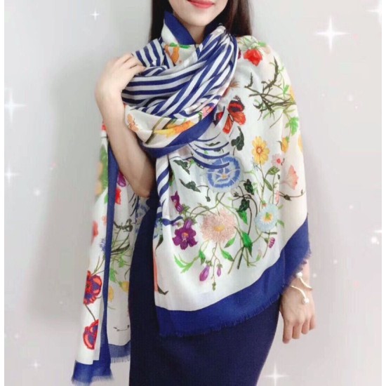 Fake Gucci classic floral cashmere scarf 100 x 200 Blue Replica