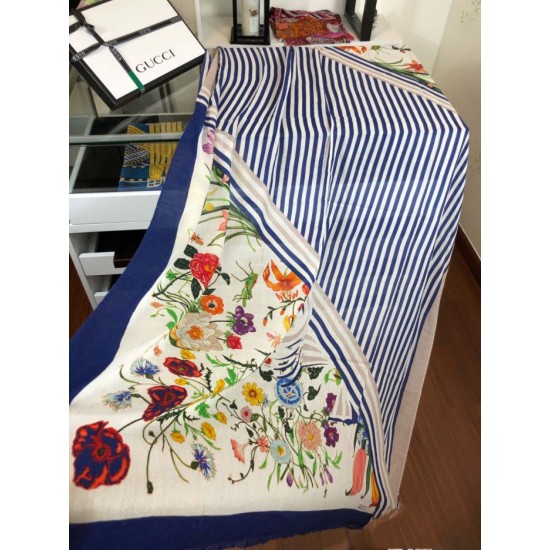 Fake Gucci classic floral cashmere scarf 100 x 200 Blue Replica