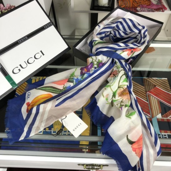Fake Gucci classic floral cashmere scarf 100 x 200 Blue Replica