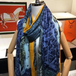 Replica Hermes City of Horses Cashmere Scarf 110 x 200 Blue
