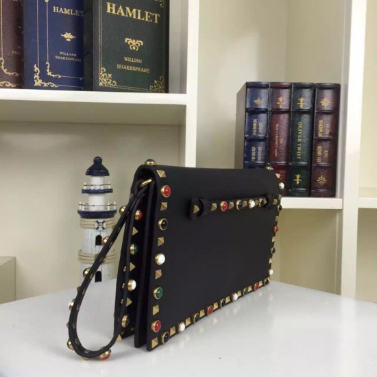Replica Black Rockstud Clutch Bag With Multicolored Stones Fake Black Rockstud Clutch Bag With Multicolored Stones Replica