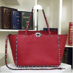 Fake Red Rockstud Rolling Medium Tote With Stones Replica