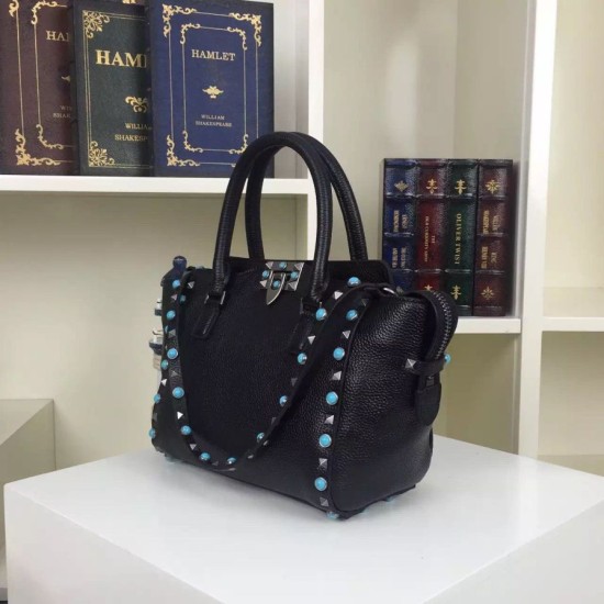 Replica Black Small Rockstud Handle Bag With Stones Replica Black Small Rockstud Handle Bag With Stones