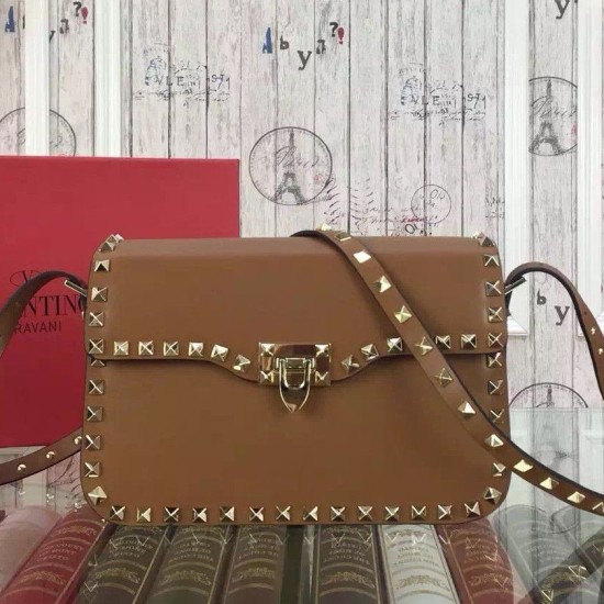Replica Rockstud Shoulder Bag In Brown Calfskin