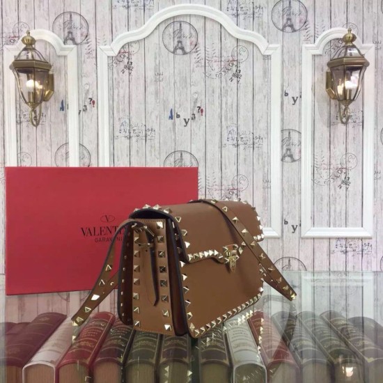 Replica Rockstud Shoulder Bag In Brown Calfskin
