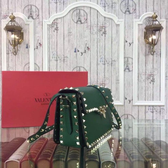 Replica Rockstud Shoulder Bag In Green Calfskin