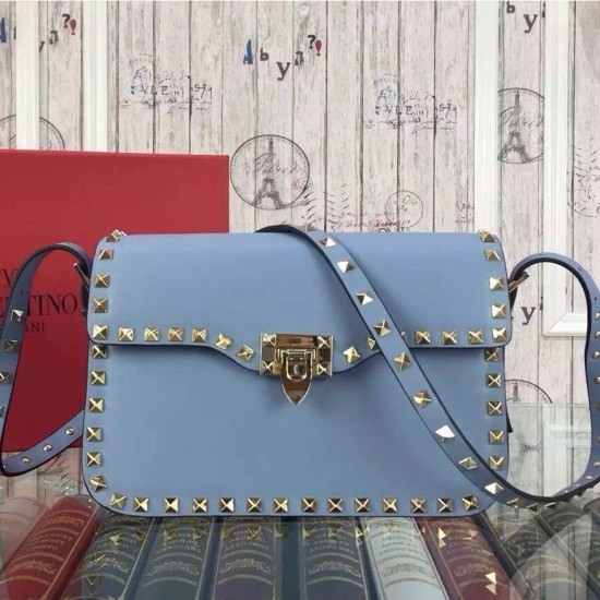 Replica Rockstud Shoulder Bag In Light Blue Calfskin