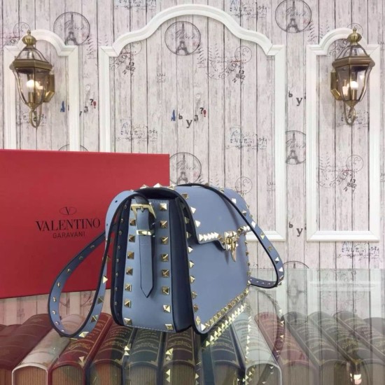 Replica Rockstud Shoulder Bag In Light Blue Calfskin